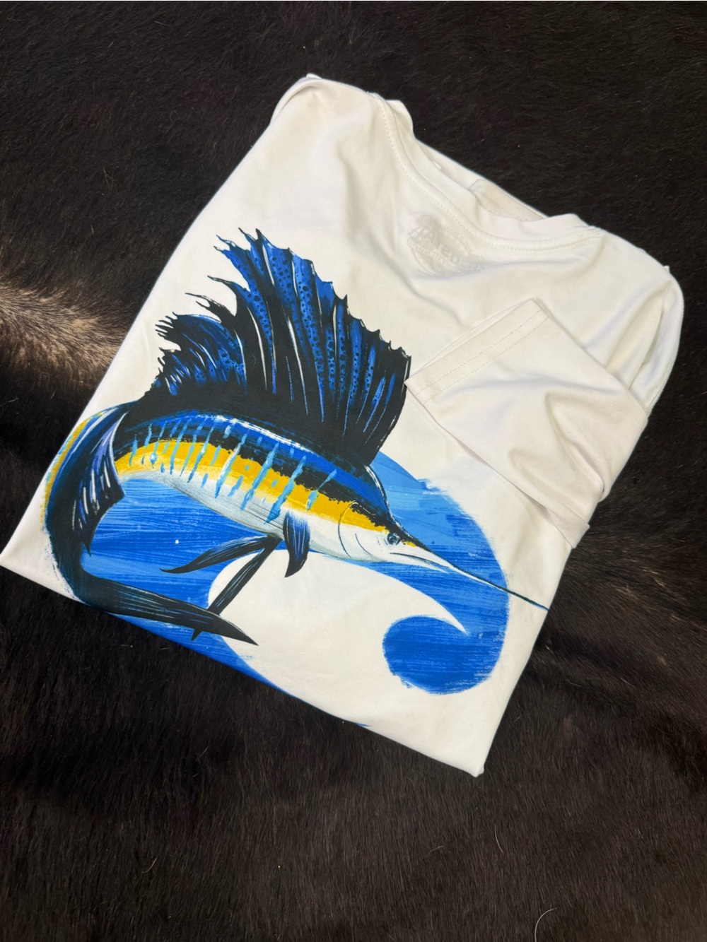 Costa White Men's Swim Rash Guard with Blue & Yellow Marlin Graphic